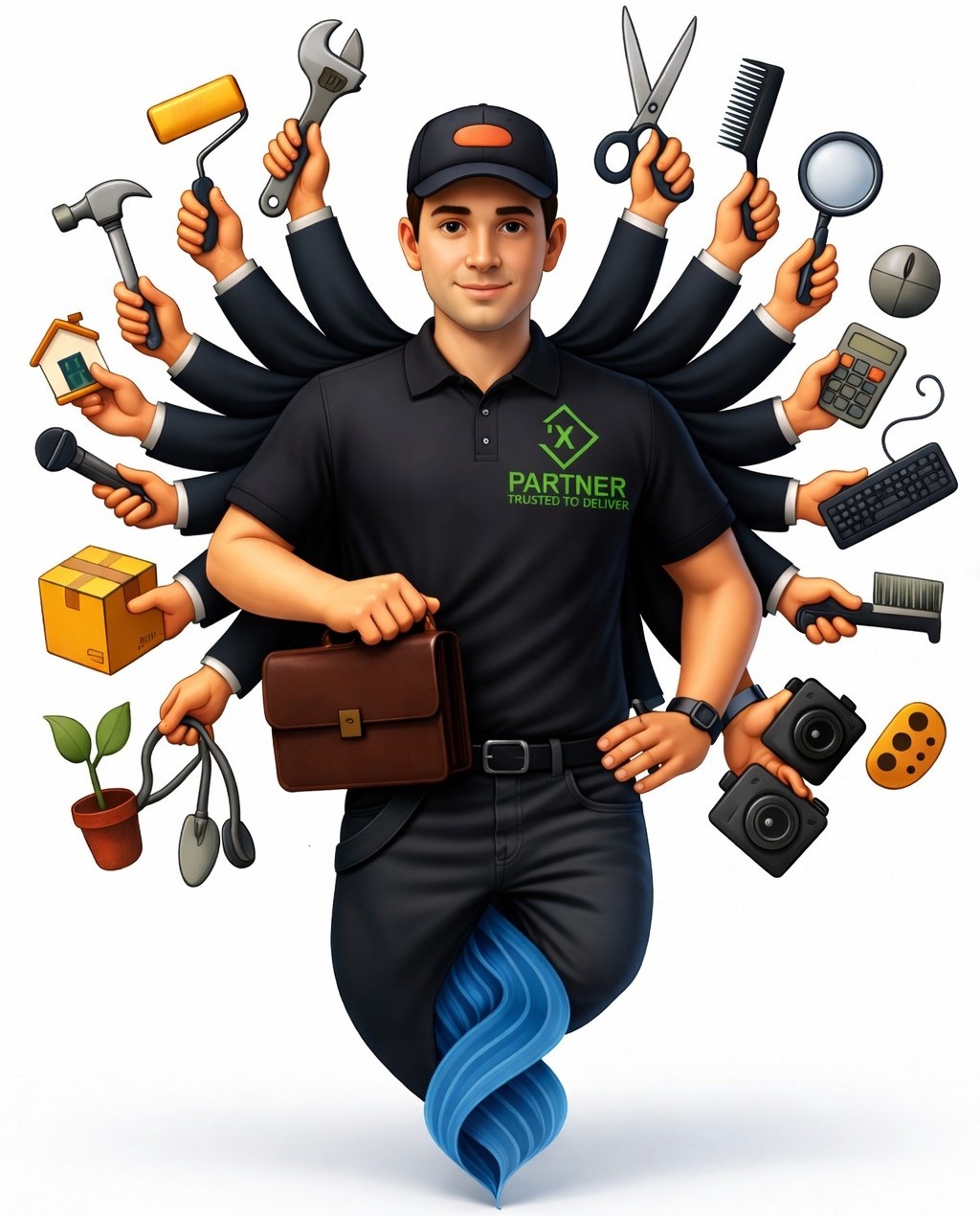 Multi-armed service professional holding tools