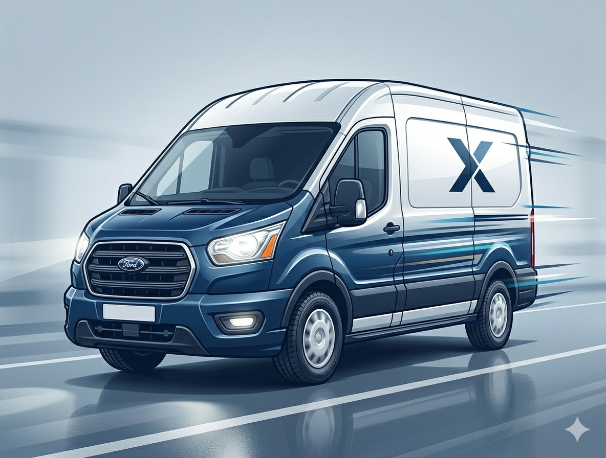 Line drawing of a van in motion